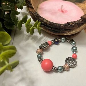 BEADED SILVER, PINK, AND TEAL BRACELET